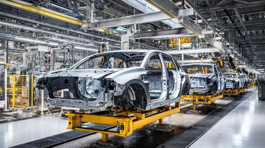 Cars moving continuously along an automotive manufacturing production line.