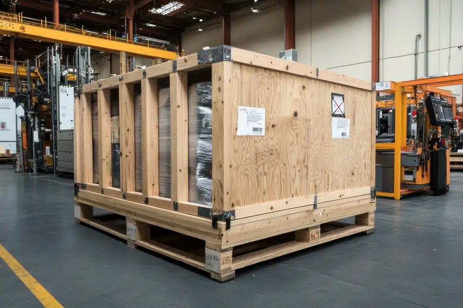 Factory pallet and custom wooden crate packaging prepared for machinery export.